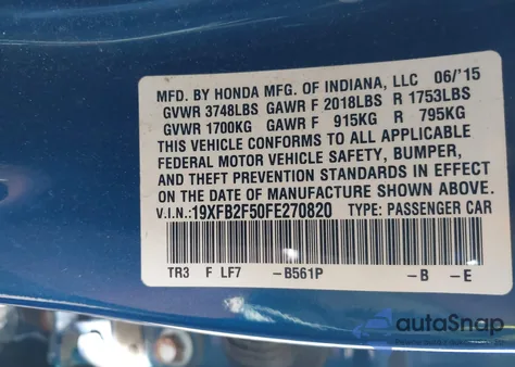 2015 Honda Civic Lx from USA, damaged, VIN 19XFB2F50FE270820